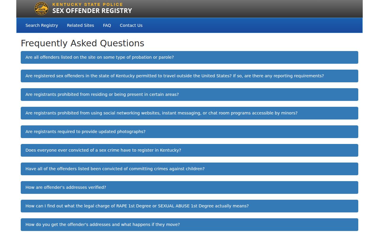 Rockcastle County sex offender search KSP registry FAQ